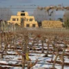Bodega Catena Zapata vista desde los viñedos durante el invierno