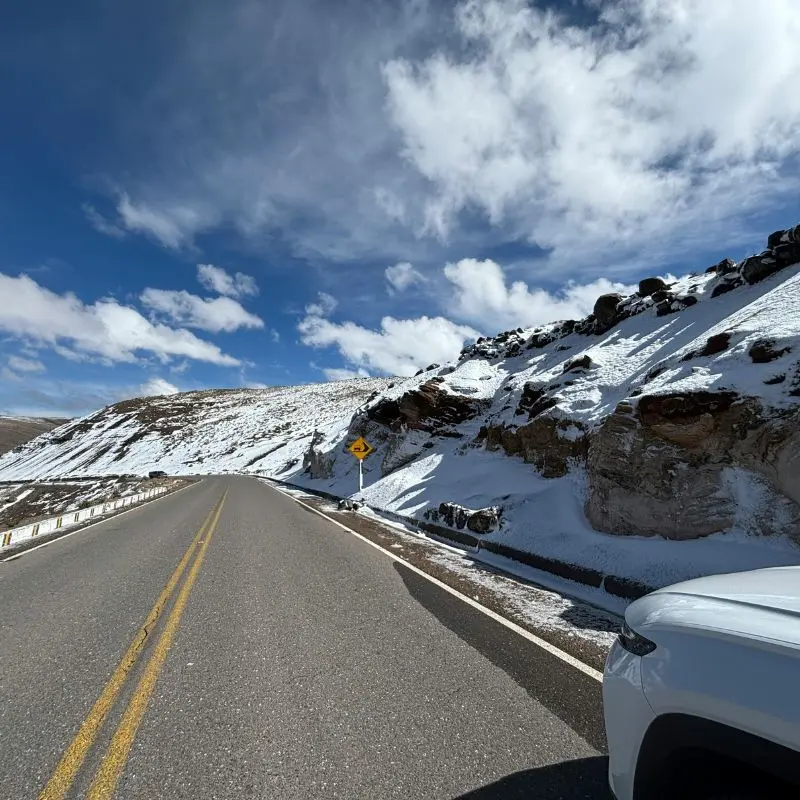 Winter road conditions near Cristo Redentor Pass – always check for closures before crossing.