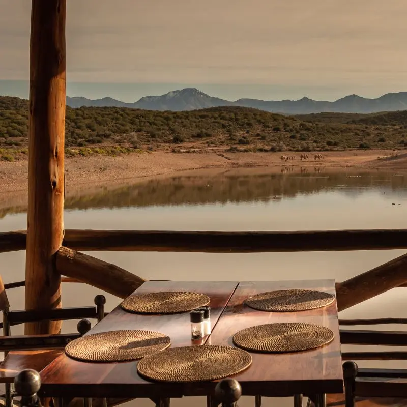 Lakeside dining with views of the Andes