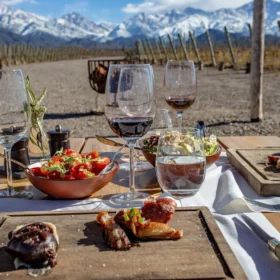 Open-air lunch at a winery with grilled meats and mountain scenery.