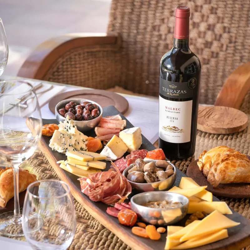 Harmonização de vinhos e queijos no Terrazas de los Andes Sabores e variedades regionais combinados em um ambiente elegante de vinícola.
