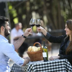 Pareja brindando con vino durante la visita a la Ciudad de San Rafael y el Laberinto de Borges