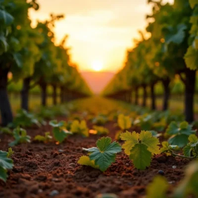 Puesta de sol sobre viñedos en Rama Caída, San Rafael, Mendoza