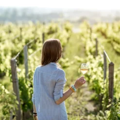 Mulher desfrutando de uma taça de vinho branco entre os vinhedos da Bodega La Mansa, San Rafael.