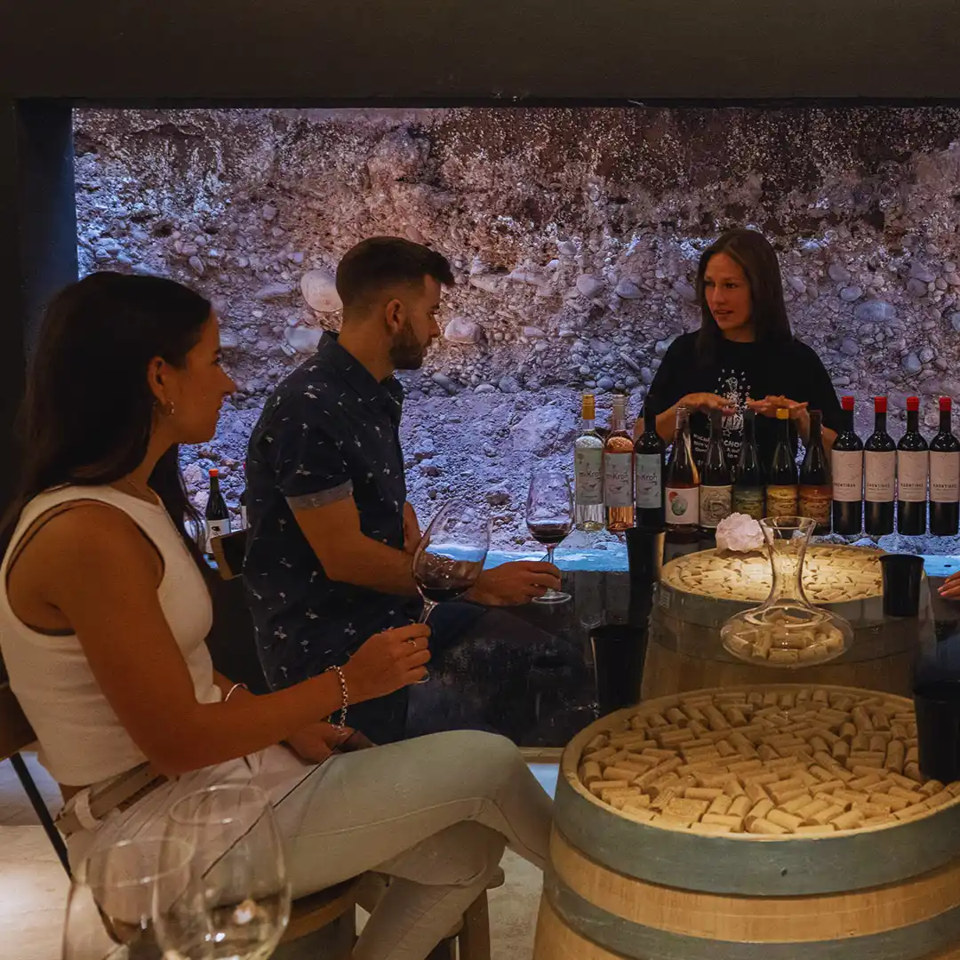 Guests enjoying a wine tasting inside Krontiras Winery cellar.