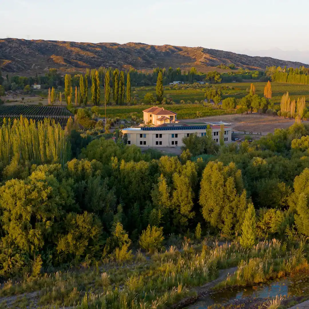 Aerial view of Krontiras Winery surrounded by vineyards and mountain landscapes in Mendoza.